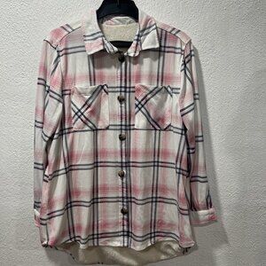 Women's Long Sleeve Button-Down Tunic Shirt Knox Rose Pink Blue Plaid XXL Fleece